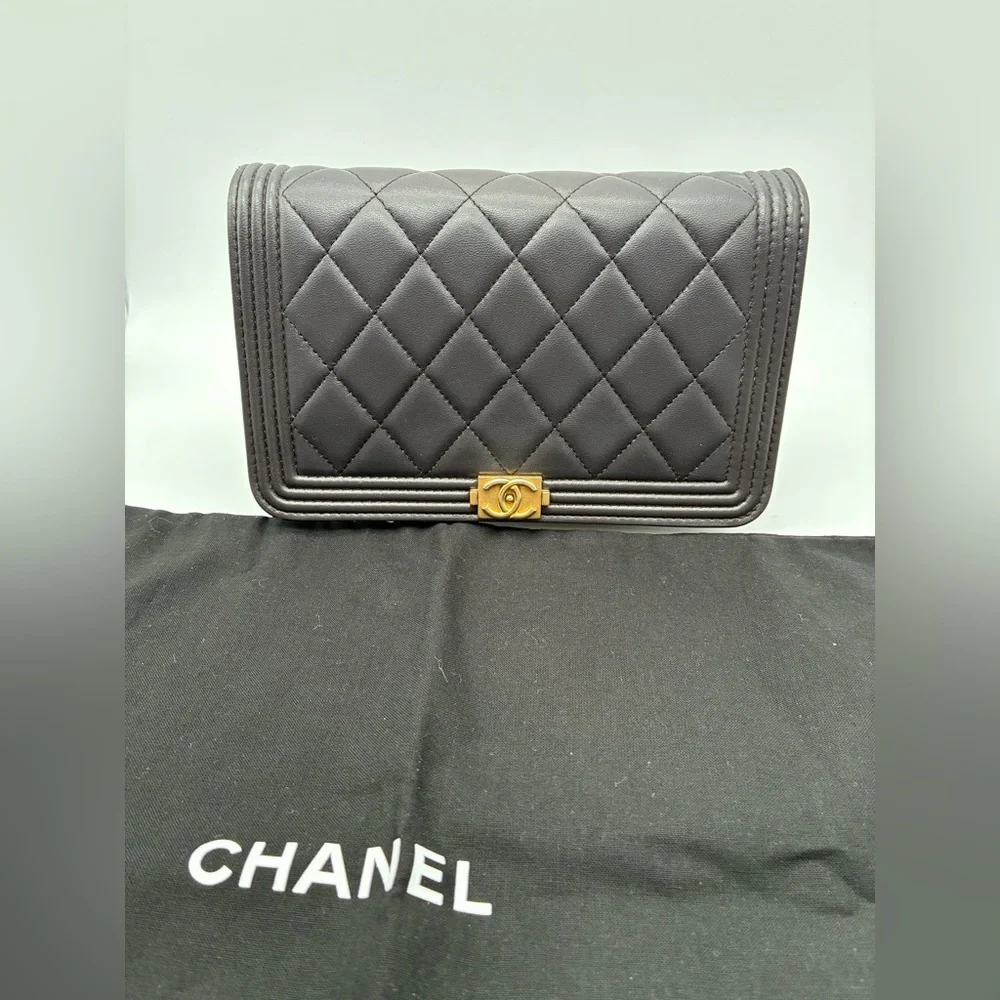 Chanel Quilted Dark Grey Le Boy Wallet WOC Lambskin Leather Crossbody bag